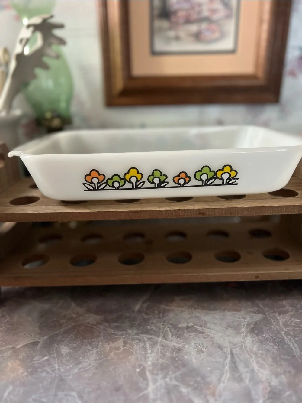 Vintage Anchor HockingFloral Glass Bake Dish - White with Orange & Green Flowers